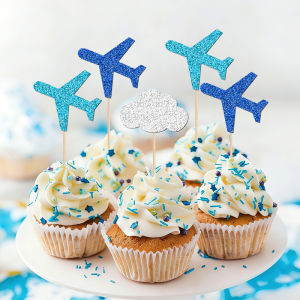 YOMDID 24Pcs Airplane Cake Toppers Multi Glittering Cloud Plane Cupcake Toppers Decorations Travel Theme Cake Toppers