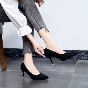 รองเท้าส้นสูงหัวแหลมส้นกลาง 5 ซม. สำหรับผู้หญิง ฤดูใบไม้ผลิและฤดูใบไม้ร่วง รองเท้าทำงานแบบใหม่ รองเท้าหนัง PU ส้นยาง