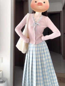 YUEZHONGWEI | Pink V-neck Faux Two-piece Knit Cardigan