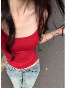 Yi Zhi Womens Sling Vest Summer Wear with Chest Pad Beautiful Back Integrated Bra Underwear Red Hot Girl Shirt