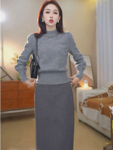 Spring Stylish Korean Gray Drilled Rhinestone Half Turtleneck Knitwear