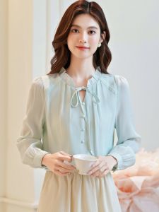French Butterfly Knot Long Sleeve Womens Chiffon Shirt Elegant Ageless High-End Feeling Beautiful Top for Autumn Season