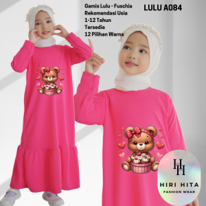 Hirihita Lulu A084 Baju Gamis Dress Lulu Anak Perempuan Sablon Cute Brown Bear Love 12 Warna 1-12 Tahun