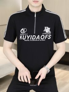 HENGYUANXIANG | Hengyuanxiang Mens Short Sleeve Polo Shirt Half Zipper Printed Stand Collar Summer Trendy Youth Cool Feeling Thin Modern Style