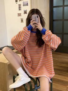 Chic Hong Kong Style Striped Sweatshirt Womens Oversize Mid-Length round Neck Pure Cotton Trendy Brand Top for Early Autumn