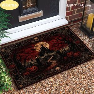 VIKAMA Gothic Skull Skeleton Bat Halloween Entryway Thảm Trải Sàn Chống Trượt Hoa Văn Cổ Điển Cho Cửa Trước Hiên Nhà Trang Trí Ngày Lễ 100% Polyester