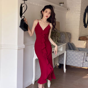 Elegant Red Wedding Dress with Strap High Waist Fish Tail Short Skirt V-Neck Zipper Closure Summer Wedding Dress for Women