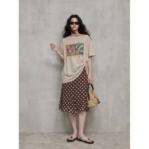 GULILI | Korean Style Low Saturation Oatmeal Colored Printed T-Shirt and Polka Dot Skirt Set
