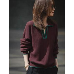 LIANGYILAILIN | Burgundy Lapel Collar Womens Knit Base Layer Top