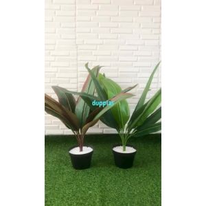 Pohon Artificial Daun Kunyit Coklat & Hijau X12 Pot Dasar Hitam Dekorasi Ruangan Rumah