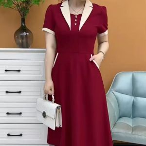 Elegant Middle Age Short Sleeve A Line Dress Women Oversized Showing Slim Korean Style Mother Long Dresses Fashion Casual Lapel dress