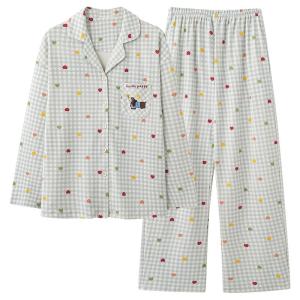 MiiOW | ชุดนอนผู้หญิงผ้าฝ้ายหลวมแขนยาว กางเกงขายาว ฤดูใบไม้ผลิและฤดูใบไม้ร่วง ชุดอยู่บ้าน ชุดนอนผ้าฝ้ายแท้ ขนาดใหญ่ หลวม ใส่ได้กลางแจ้ง