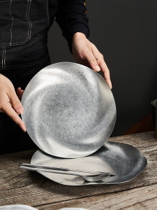 Retro 304 Stainless Steel Plate Outdoor Dining Plate Beaded Edge Flat Plate Snowflake Grey Utensils Vintage Style Food Plate