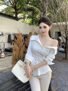 GUZILIAN | Pure Desire Spicy Short Sleeve Long Shirt Polo Collar Shoulder Bared Womens Fashion Commute Style Summer Clothing