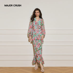 Spring Summer New Floral Wind V-Neck Fishtail Waist Dress