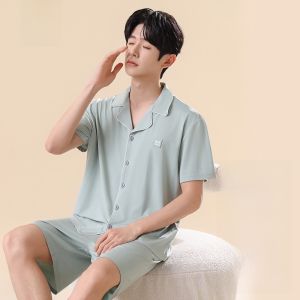miiow | Mens Cotton Pajamas Short Sleeve Open Cardigan Breathable Summer Home Clothes MiiOW Cat Person Simple Style Sleepwear