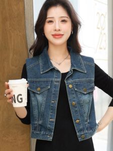 New 2025 Womens Sleeveless Denim Vest Jacket Spring Autumn Base Layer Dress Shirt Cotton Short Style POLO Collar Single Button