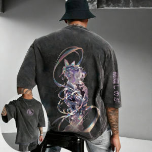 Bandai | Demon Slayer Mens and Womens Washed T-Shirt Shinobu Kocho Summer and Spring New Anime Trendy Tee Retro Distressed Short Sleeve