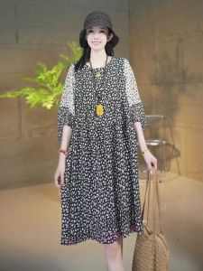 Summer New Style Slimming Floral Fashion Dress Cover Belly Loose plus Size Elegant Splicing Midi Skirt Commute Regular Sleeve