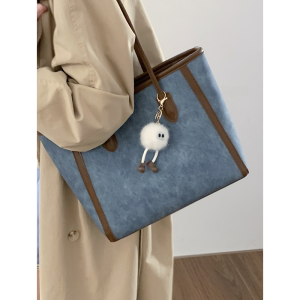 Maillard Retro Imitation Denim Bag Female 2023 New Arrival Tide Fashion Contrast Color Tote Large Capacity Commuter Bag