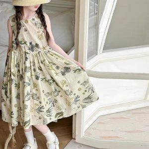 Summer Floral Print Sleeveless Halter Princess Skirt for Girls Big Kids Casual Style Midi Skirt Korean Version Childrens Dress