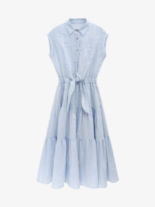 Blue Striped Shirt Dress Womens Summer Gathered Waist Sleeveless French Style Basic House A-Line Long Dress Korean Style