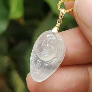 Icy Translucent Milo Buddha Pendant – 🪄Natural Type A Jadeite🪄 18K Gold Clasp Symbol of Joy & Abundance(18kp106)