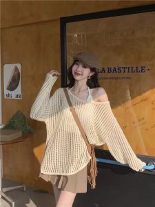 Womens Knitted Long Sleeve T-shirt Loose Fit Casual Work Clothing for Spring Summer Hollow Mesh Sun Protection Top