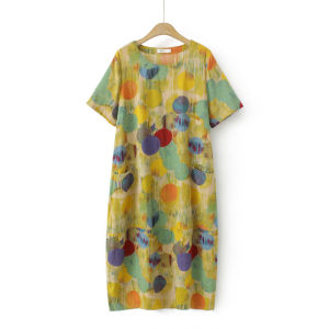 Retro In Vải Lanh Cotton Đầm Dài Trung Mùa Hè 2023 Kích Thước Lớn Dáng Rộng Cổ Tròn Tay Ngắn Màu Khối Chân Váy Chữ A
