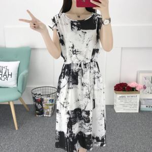 Slimming Cotton Silk Dress Women Summer Midi Length Waist Cinched Slim Fit Artificial Cotton Short Sleeve Floral Print Dress