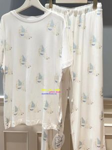  GELATO PIQUE Cartoon Polar Bear Pajamas for Couples Short Sleeve Summer Loungewear Thin Section Modal Fabric Midi Dress Length