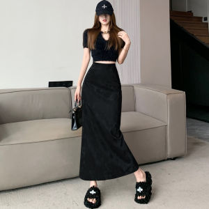 Brown Retro Jacquard Skirt for Women Mid Length Long Length Autumn High Waist Line Skirt Stylish Back Slit Straight-leg Bodycon Dress