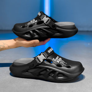 Hollow out Mens Sandals Summer Outdoor Wear Anti-Slip Sports Beach Slippers Office Lazy Head Cover Slippers Thick Bottom EVA