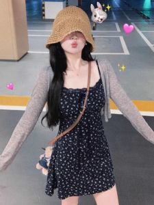 Gray Short Womens Summer Thin Ice Silk Sun Protection Cardigan Outerwear with Strap Vest Top Korean Style Commute Fashion