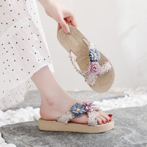 Womens Cross Slippers Floral Woven Outdoor Summer Beach Sandals Anti-slip Thick Bottom Flat Heel Slip-On Shoes Korean Style
