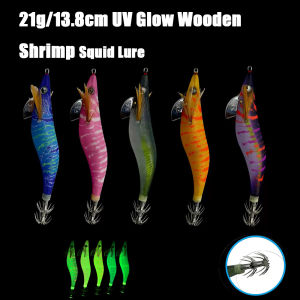 13.8cm 21g UV Glow Wooden Shrimp Squid Lure Sinking Bait with Rattle Beads Reinforced Hook Saltwater Freshwater Fishing Tackle