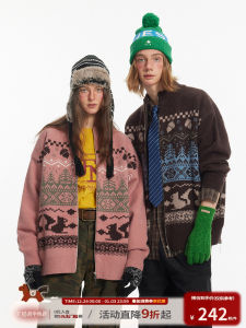 American Style Retro Christmas Couple Open Cardigan Knitwear Fair Isle Patterned Cotton Blend Long Sleeve Loose Fit Jacket