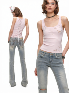 1JINN STUDIO | Heavy Embroidery Low Mid Rise Slim Flared Denim Pants