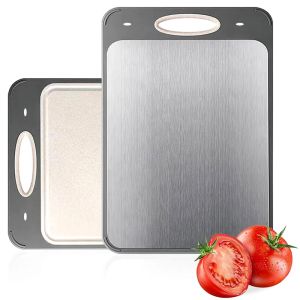 Stainless Steel Double-Sided Cutting Board for Meat Vegetables Fruits Wheat Grass - Kitchen Easy Handle Board