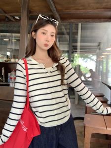Slim Fit Long Sleeve T-Shirt Women Casual Striped Knitted Top PPHOME Color Block Style Korean Style Fake Two-Piece Top