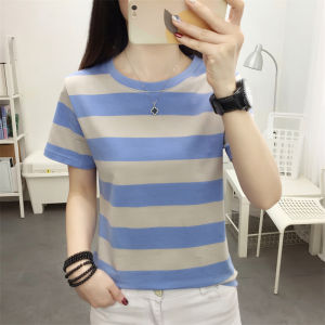 Plus Size Ladies Plus Size Loose Slim Looking Short-Sleeved T-shirt Female Middle-Aged Mom Summer Clothes Pure Cotton Stripes Belly-Covering Coat Western Style