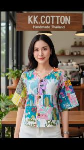 🌿 เสื้อครอปคอวี กระดุมหน้าเต็ม สไตล์โบฮีเมียน ✨ Handmade Patchwork รอบตัว 🧵 ผ้าป่านอินเดีย / อัดกาวทั้งตัว อยู่ทรงสวย | M-6XL