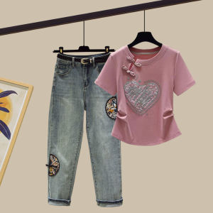 Summer Fashion Set Womens New Chinese Style Print Short-Sleeved T-shirt + Embroider Harem Jeans Wear a Complete Set