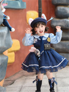 Cute Rabbit Officer Judy Dress Princess Style Spring Autumn New Fashionable Little Girl Dress Polyester Fiber Cartoon Animation