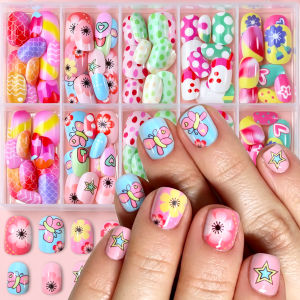 120Pcs Kids Short Round Press On Nails Cute Butterfly Flower Polka Dot Print Fake Nail for Children Wearable False Fingertips td
