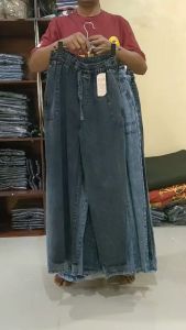 SAGITA FASHION - CELANA KULOT  VARIASI KANCING tiga di depan - KULOT LIPAT JEANS SNOW - PINGGANG KARET DAN TALI WARNA SNOU BLUE DAN SNOW BLECK