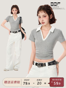 Áo Thun Cổ Chữ V Màu Xám Tay Ngắn Mùa Hè Cho Nữ Áo Polo Ôm Vừa Vặn Cổ Polo Tay Lửng Chất Liệu Cotton Thường Ngày