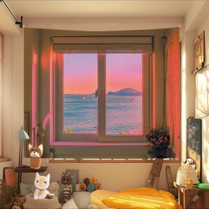 VIKAMA Hoa Hồng Cửa Sổ Xem Phía Ngoài Hình Mèo Hoạt Hình Tấm Thảm Treo Tường Retro Hoa Trang Trí Nhà Cho Phòng Ngủ Phòng Khách Ấm Áp Polyester