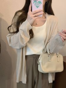 เสื้อคาร์ดิแกนถักแขนยาวสำหรับผู้หญิง ทรงหลวม สไตล์เกาหลี ผ้าขนสัตว์ผสมโพลีเอสเตอร์ น้ำหนักปกติ ฤดูร้อน 2024 เสื้อคลุมยาวปานกลาง