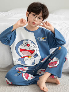 Childrens Pure Cotton Long Sleeve Sleepwear Set Cartoon Cat Design Casual Comfortable Home Clothes for Boys Spring Autumn
